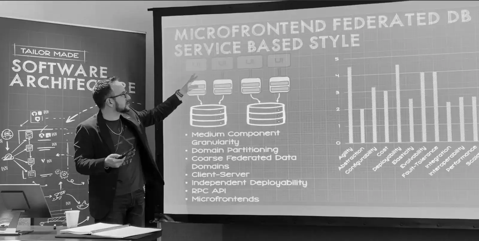 Michael teaching, pointing to an architecture-style slide